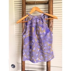 Esprit Halter Top S Purple Psychedelic Swirl Keyhole Tie Back Blouse